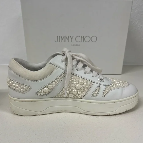 JIMMY CHOO Hawaii Calf Leather/ Canvas White Pearl Women’s Sneakers - Picture 6 of 8